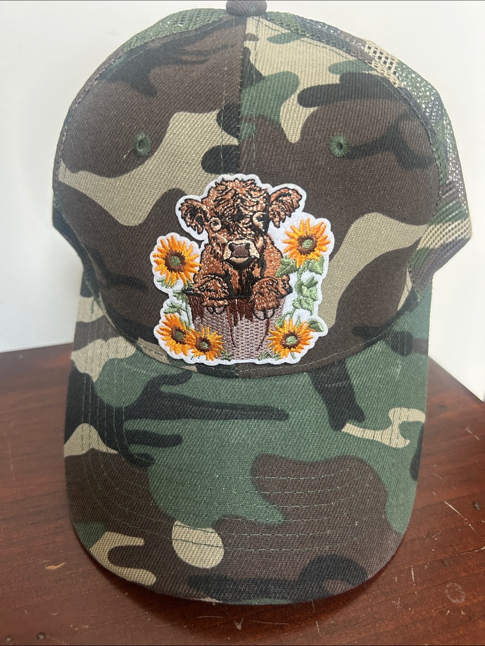 Fall Camo Trucker Hat with Sunflower and Highland Cow Patch